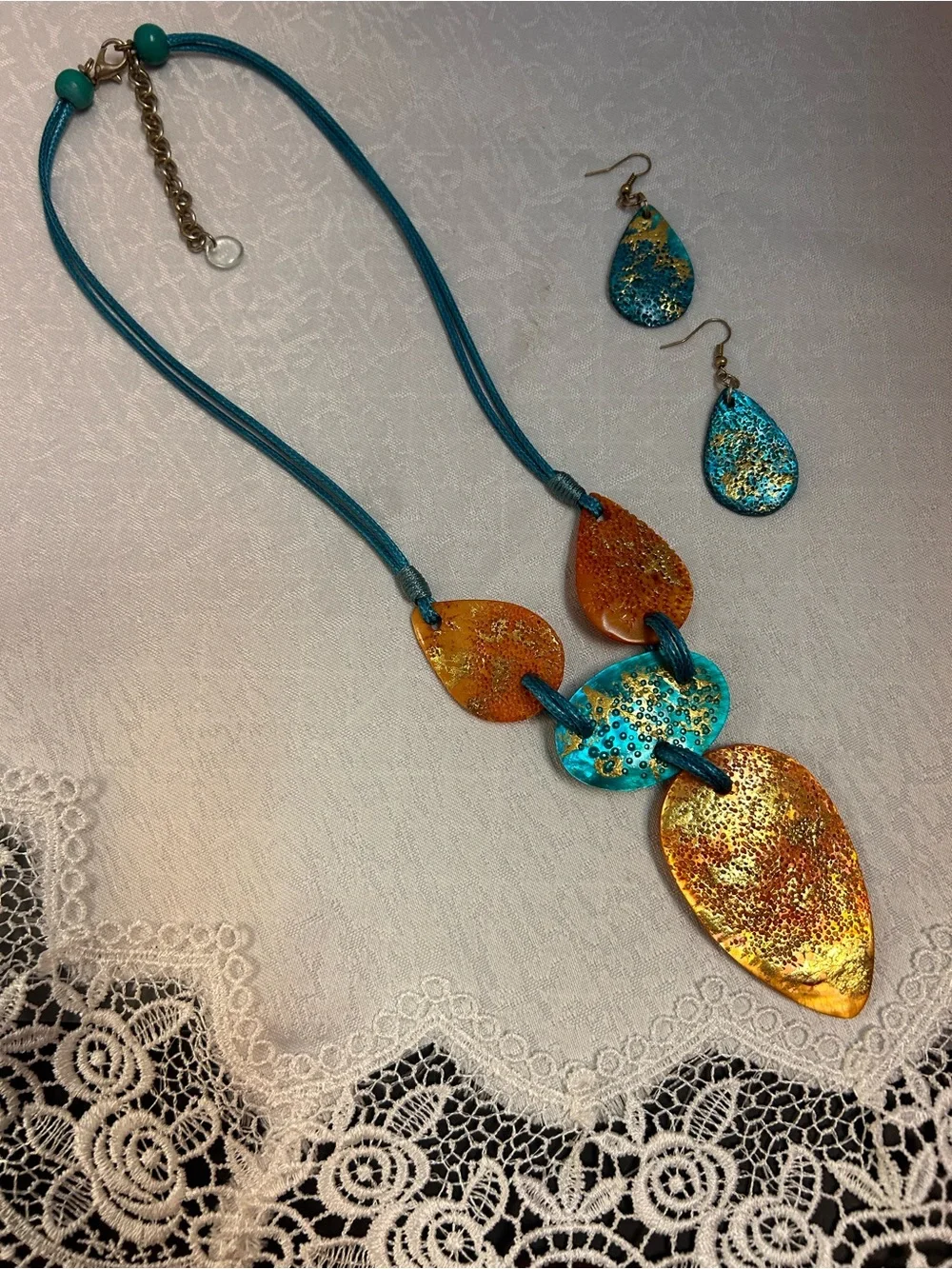 Handcrafted Teal & Orange Statement Necklace and Earring Set